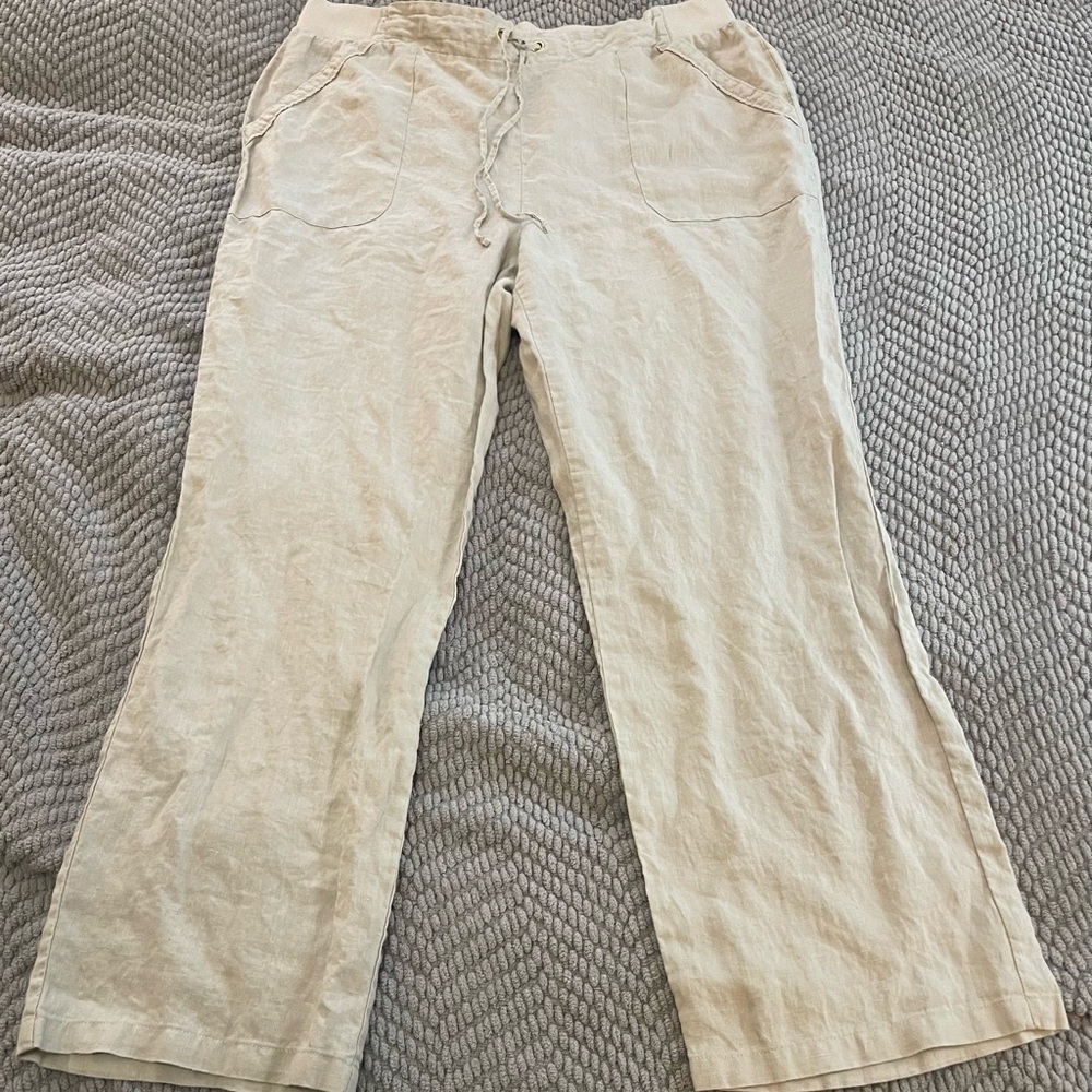 Ellen Tracy Light Beige Straight-Leg Linen Pants